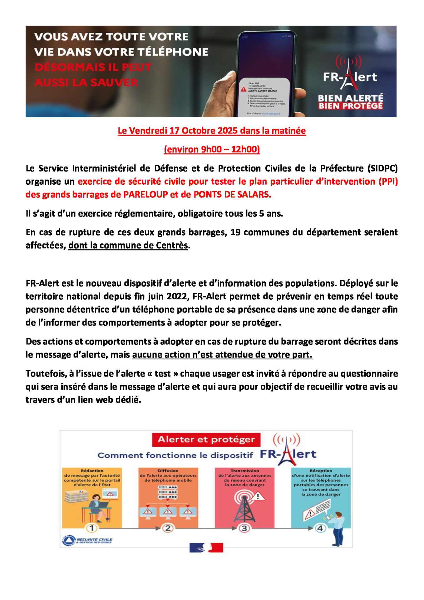Lire la suite à propos de l’article Petit rappel : Vendredi 17 octobre 2025 Exercice de simulation de rupture des barrages de PARELOUP et PONTS DE SALARS