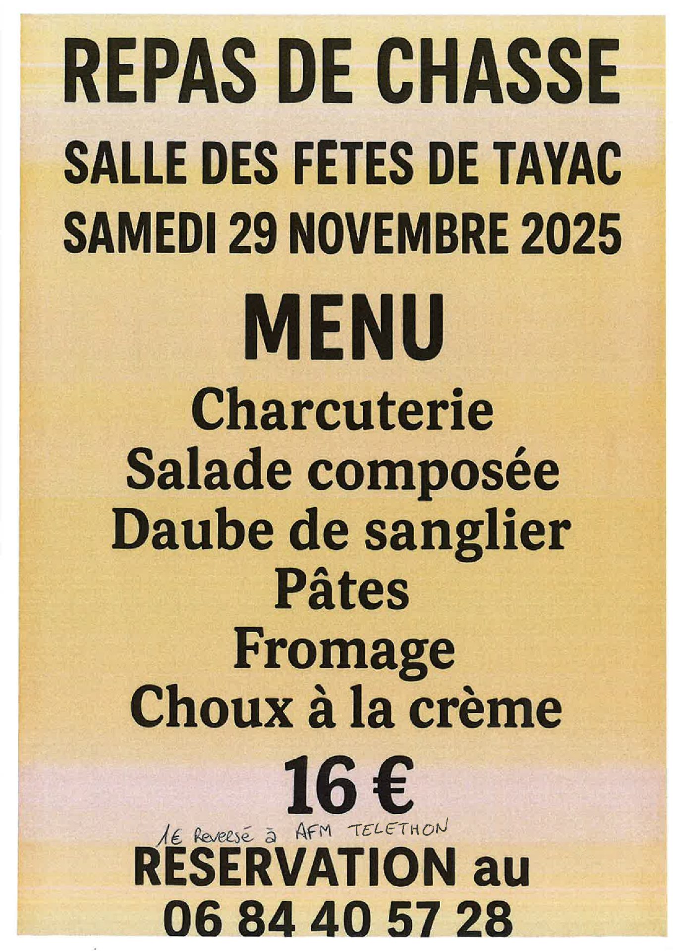 Lire la suite à propos de l’article Repas de chasse Samedi 29 novembre Salle des fêtes de Tayac